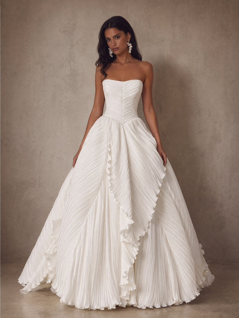 BOLODOO Ivory Crinkle Pleated Chiffon Sweetheart Corset Ball Gown Wedding Dress - Front Full Length Standing View Showing Ball Gown Silhouette and Cascading Ruffle Skirt