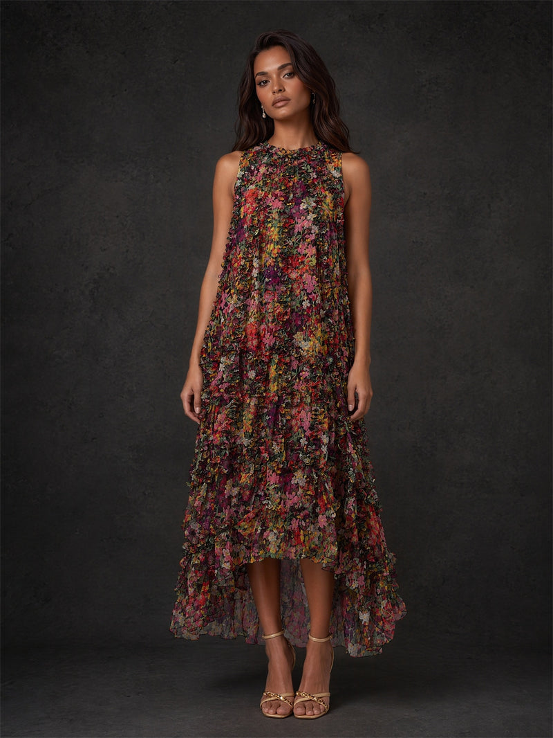 BOLODOO burgundy multicolor floral pleated chiffon hi-lo maxi dress - front full body view showing mock neck and tiered ruffle hi-lo silhouette