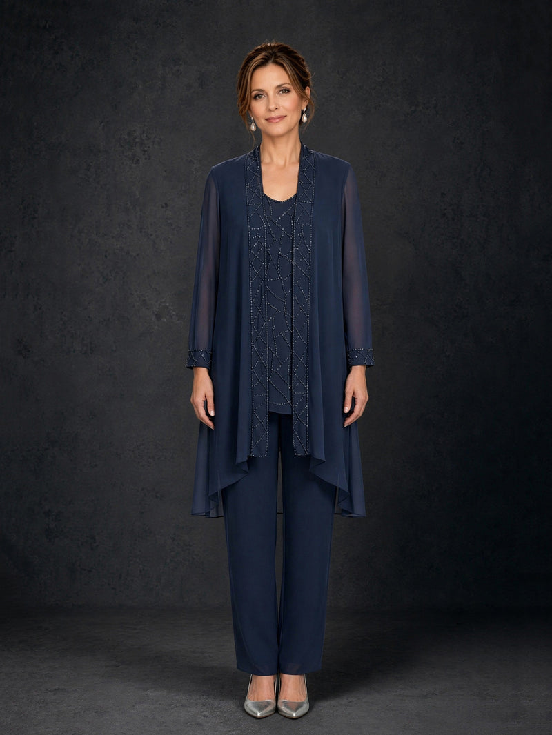 BOLODOO Navy Blue 3-Piece Beaded Chiffon Duster Jacket Pant Suit – Long Sleeve Geometric Beading Mother of the Bride Pan