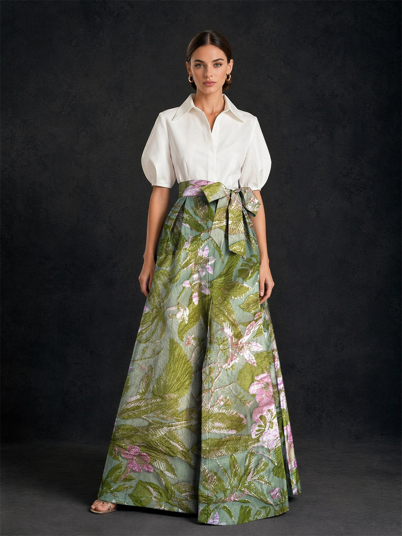 BOLODOO white shirt and sage green floral jacquard wide-leg pants two-piece set full length front standing view with bow belt detail