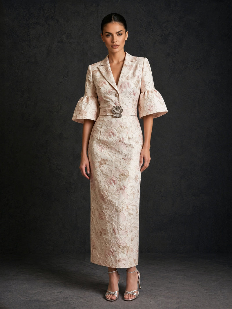 BOLODOO blush champagne floral jacquard notch lapel bell sleeve blazer column midi dress – front full length view