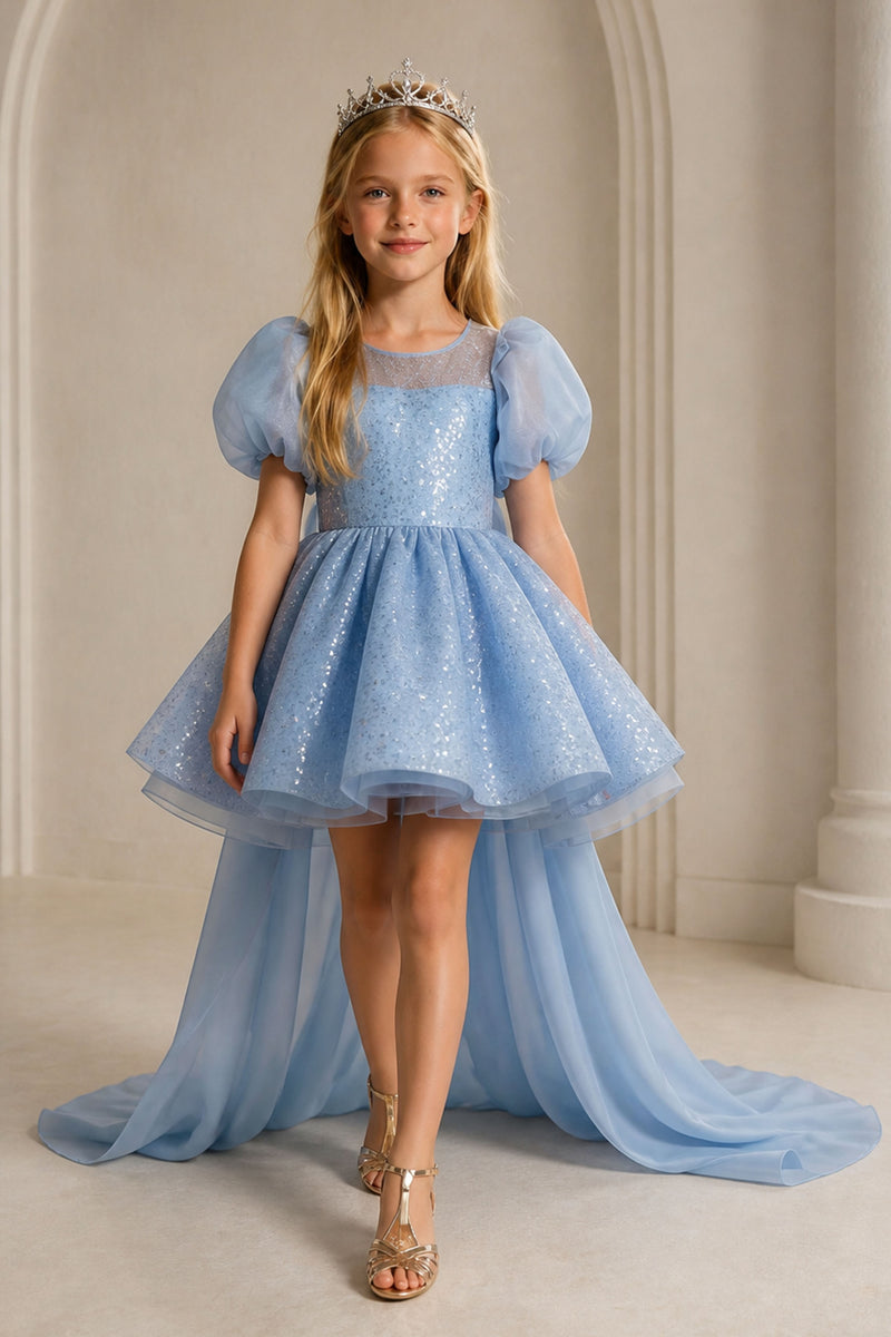 Girls Sky Blue Sequin Puff Sleeve Hi-Lo Pageant Dress - Front Close Up Sequin Detail