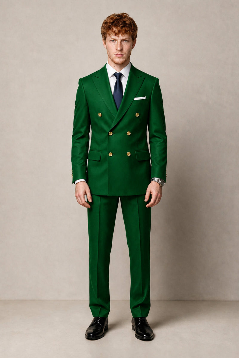 BOLODOO Men's Emerald Green Double-Breasted 2-Piece Suit | Emerald Green Button Peak Lapel Blazer & Trousers - Emerald Green