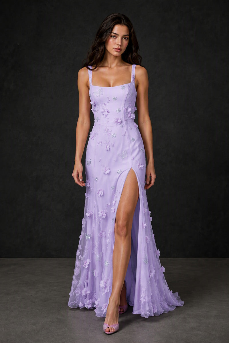 BOLODOO Lilac 3D Butterfly Floral Tulle Maxi Gown – Lace-Up Back Slit Formal Dress - Lilac