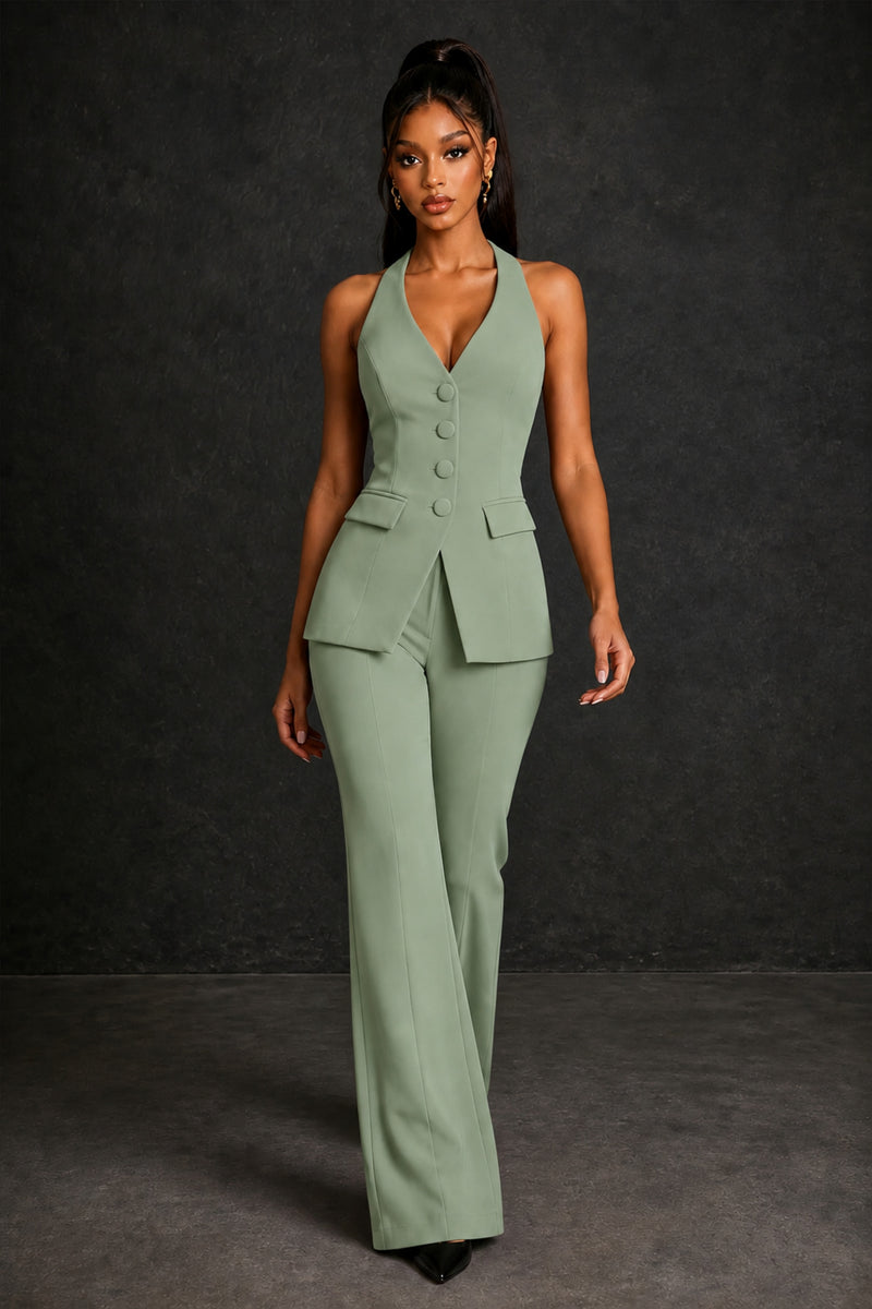 BOLODOO Sage Green Halter Neck Deep V Open Back– Formal Suit with Wide-Leg Pants - Sage Green