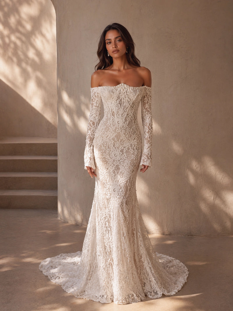 BOLODOO Ivory Off-Shoulder Long Sleeve All-Over Lace Embroidered Mermaid Wedding Gown - full front view with bell cuff sleeves
