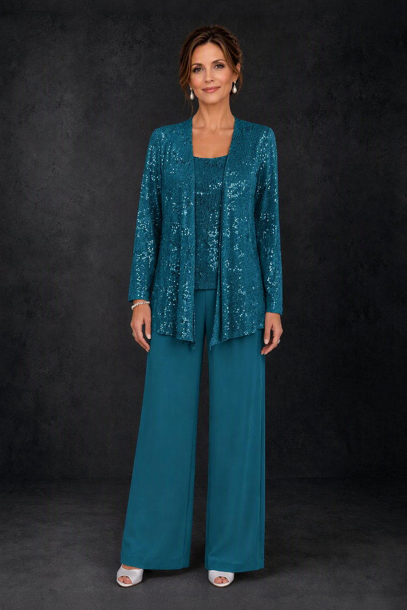 BOLODOO Teal Sequin Lace 3-Piece Pant Suit with Long Sleeve Jacket - front view