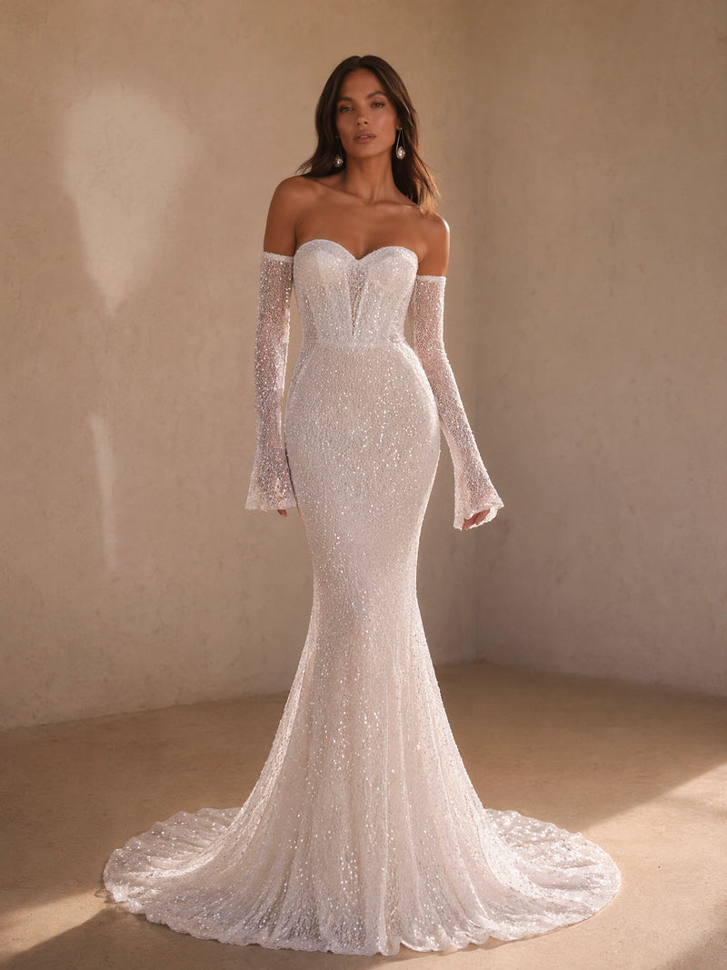 BOLODOO White All-Over Sequin Beaded Boned Corset Mermaid Wedding Gown - full front view with detachable sheer bell sleeves