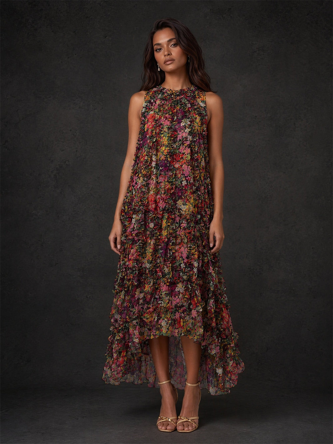 Burgundy floral chiffon high-low maxi dress