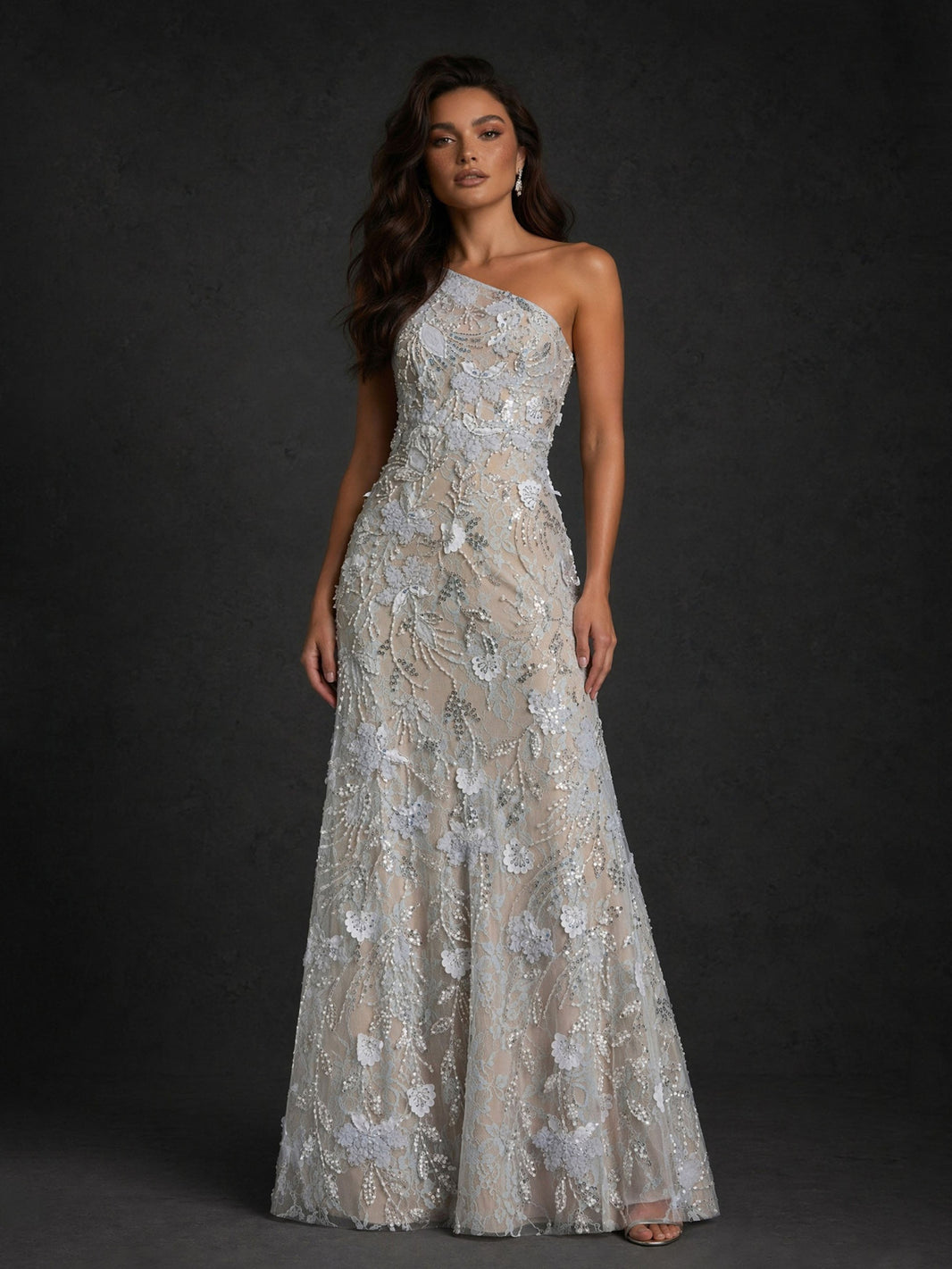 Silver one-shoulder floral sequin evening gown