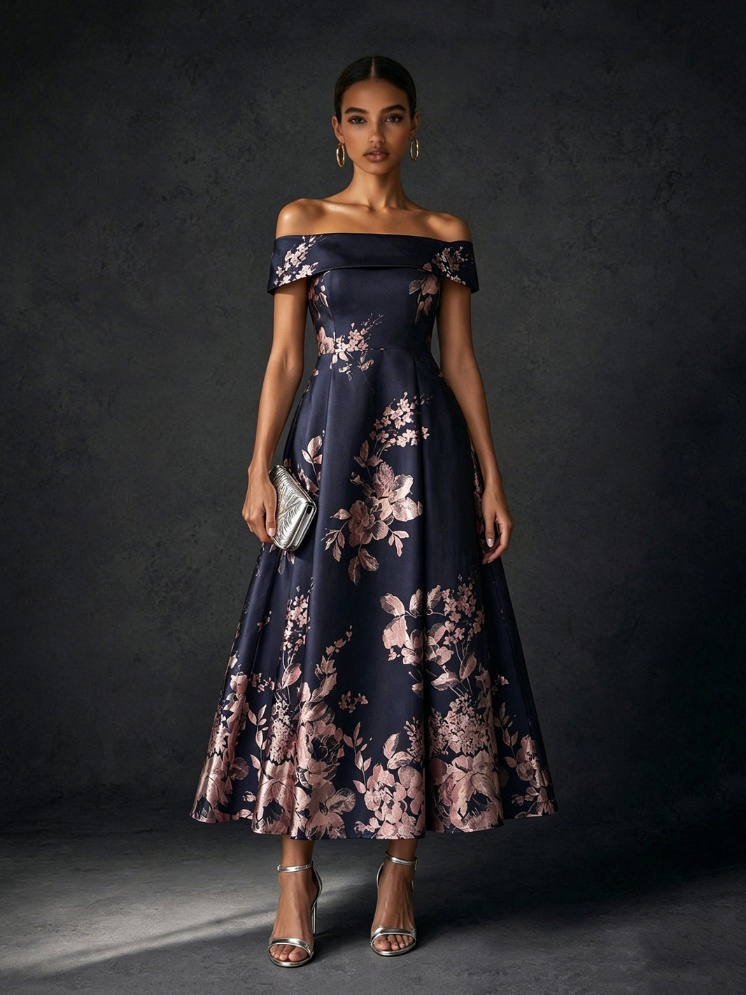 Navy off-shoulder floral jacquard midi dress