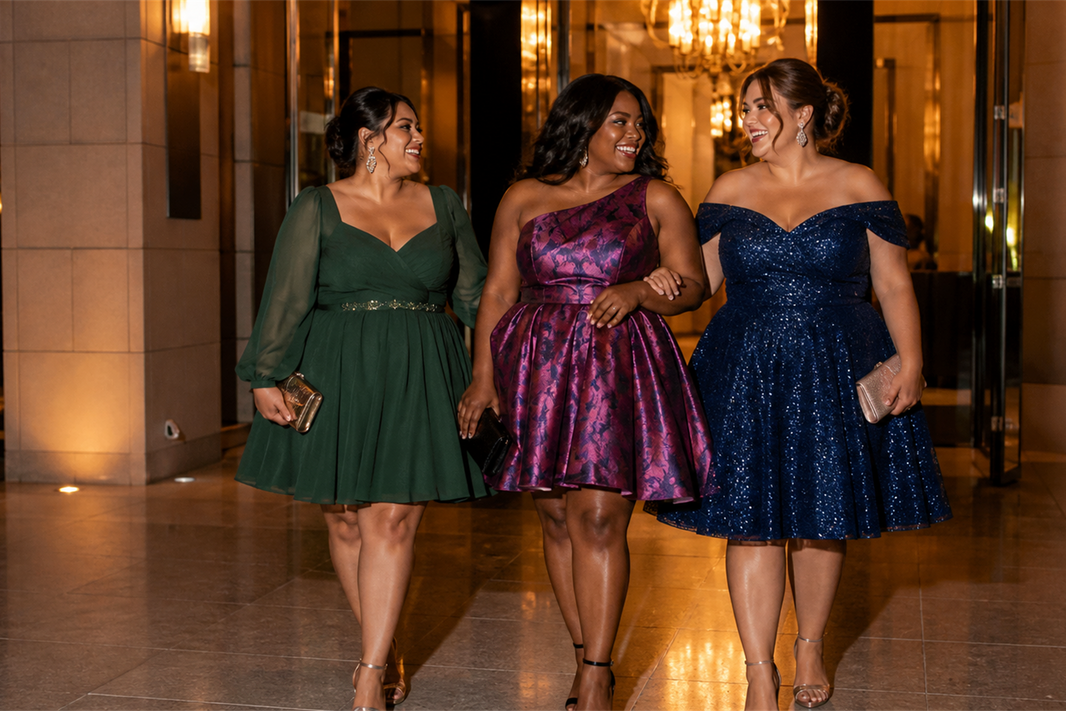 Editorial scene for plus size homecoming dresses