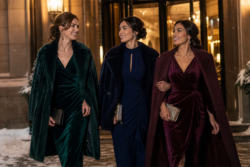Editorial scene for winter wedding guest dresses