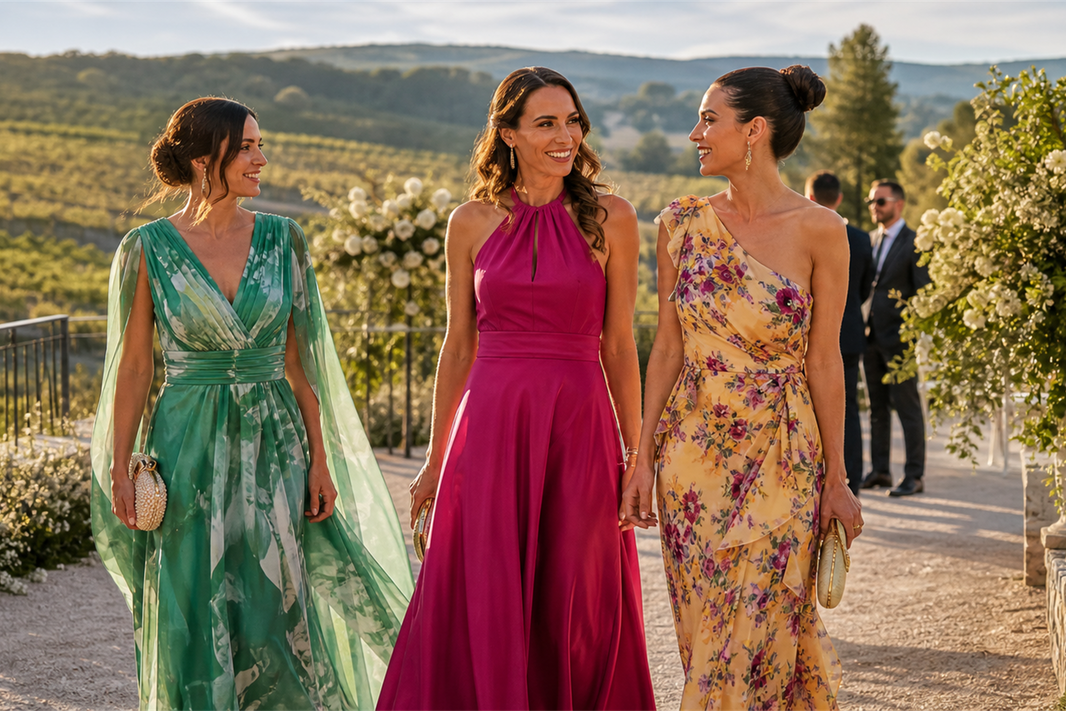 Editorial scene for outdoor wedding guest dresses