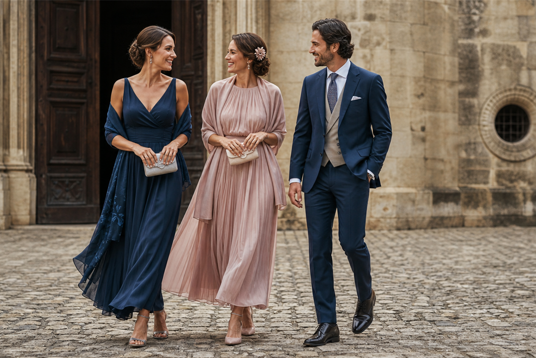 Editorial scene for church wedding guest attire