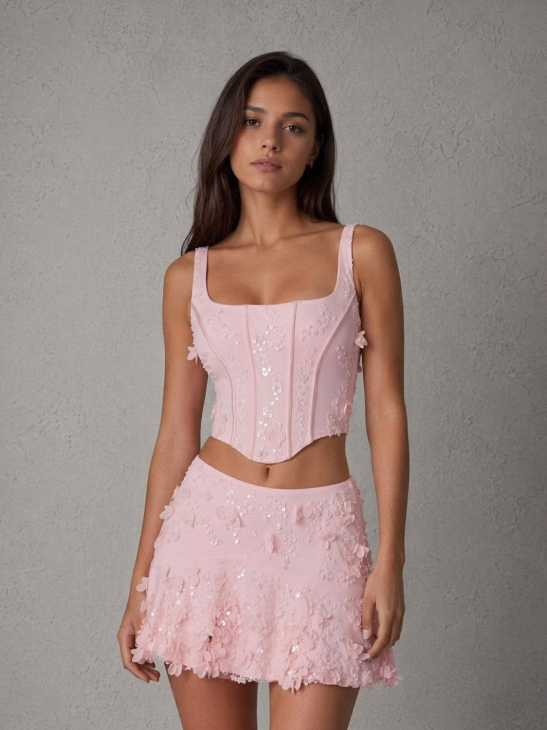 Blush pink floral lace corset two-piece mini set