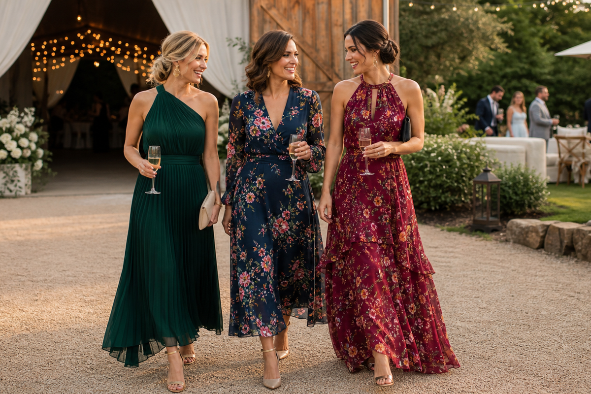 Editorial scene for barn wedding guest attire