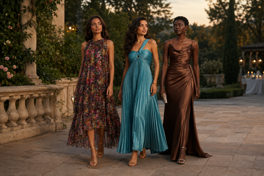 Editorial scene for September wedding guest dresses
