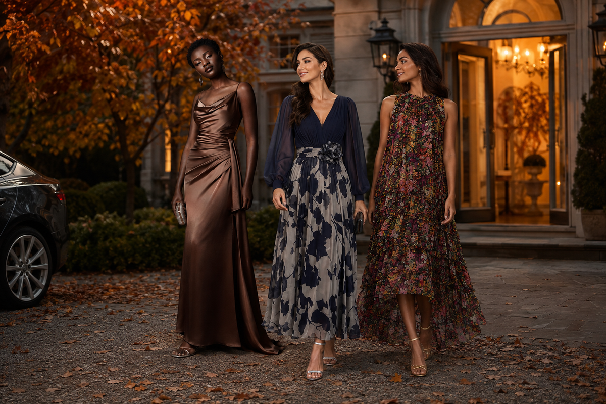 Editorial scene for October wedding guest dresses