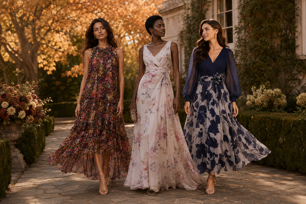 Editorial scene for outdoor fall wedding guest dresses