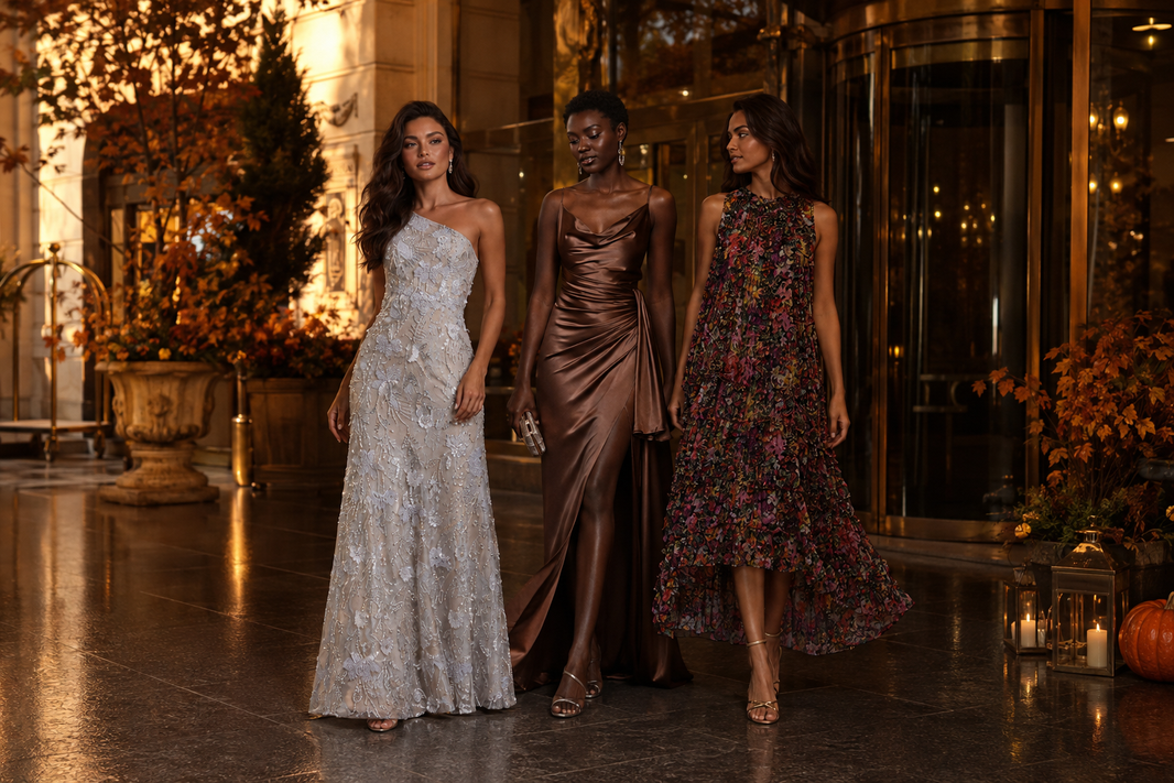 Editorial scene for formal fall wedding guest dresses