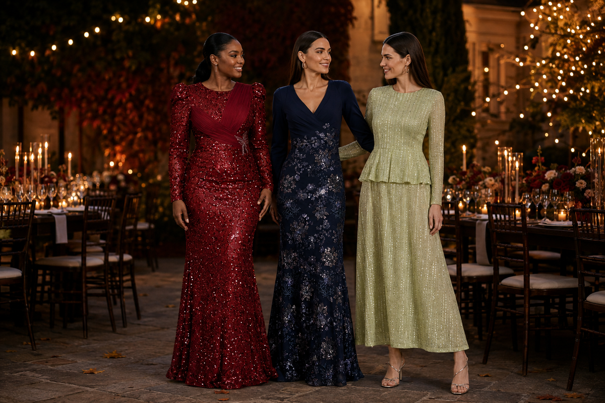 Editorial scene for long sleeve fall wedding guest dresses