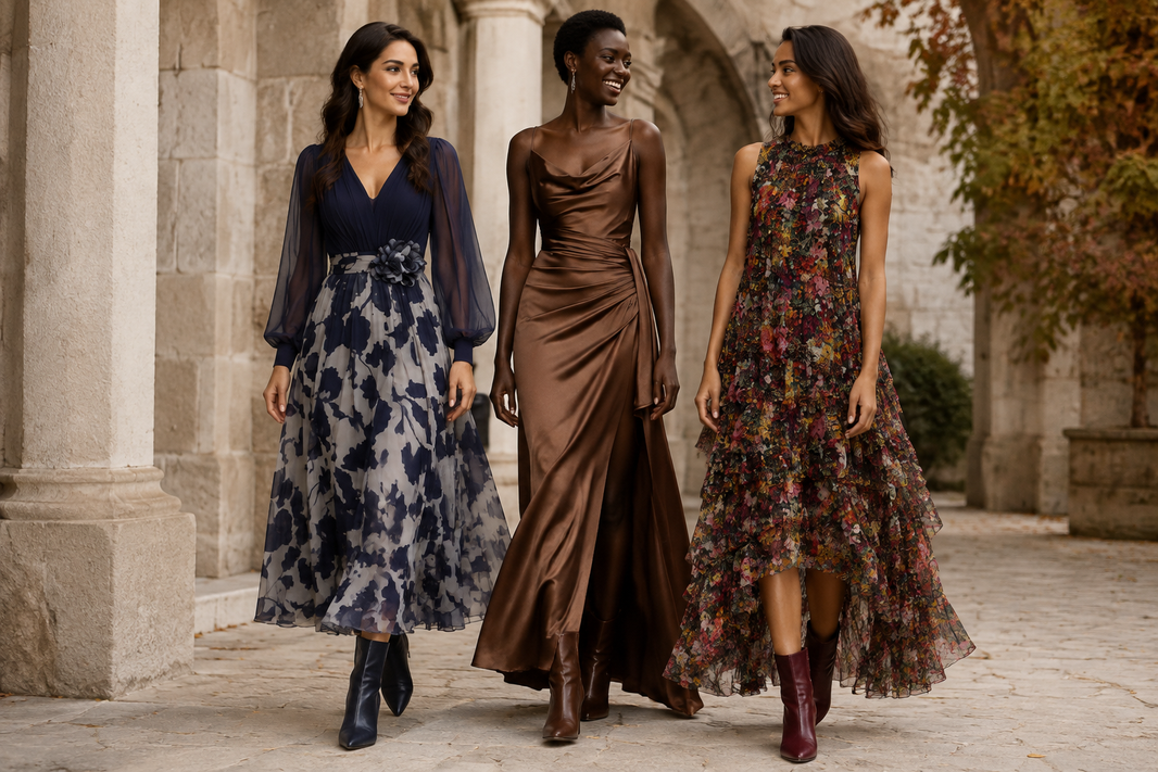 Editorial scene for fall wedding guest dresses with boots