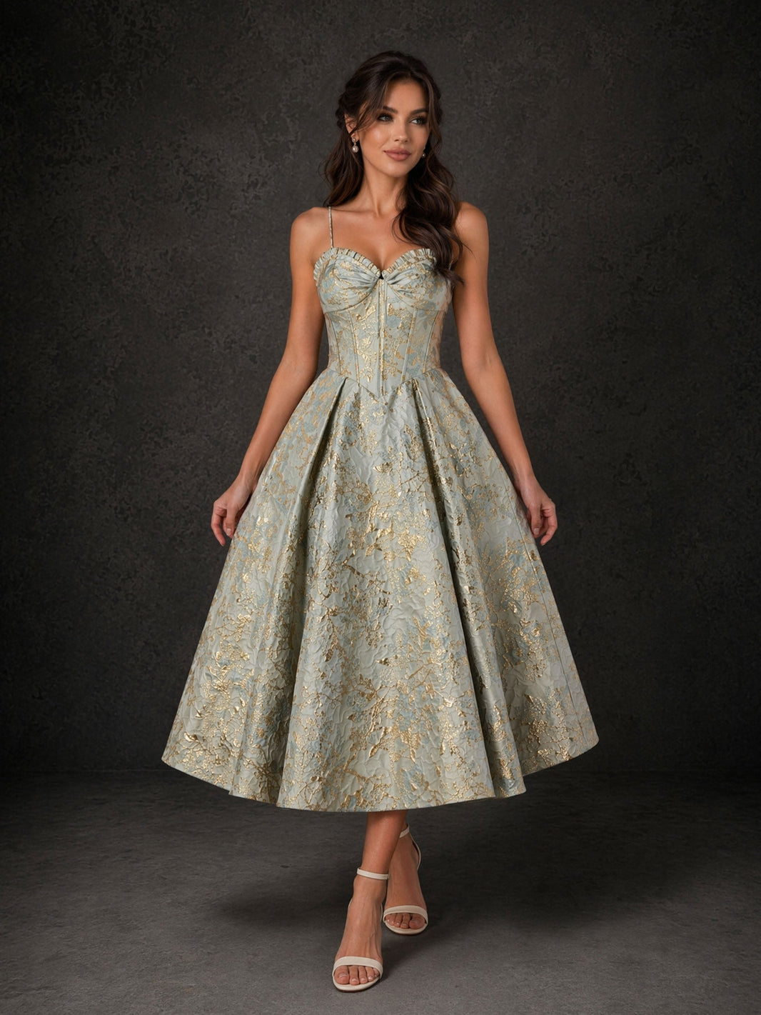Sage-green gold jacquard corset A-line tea-length dress