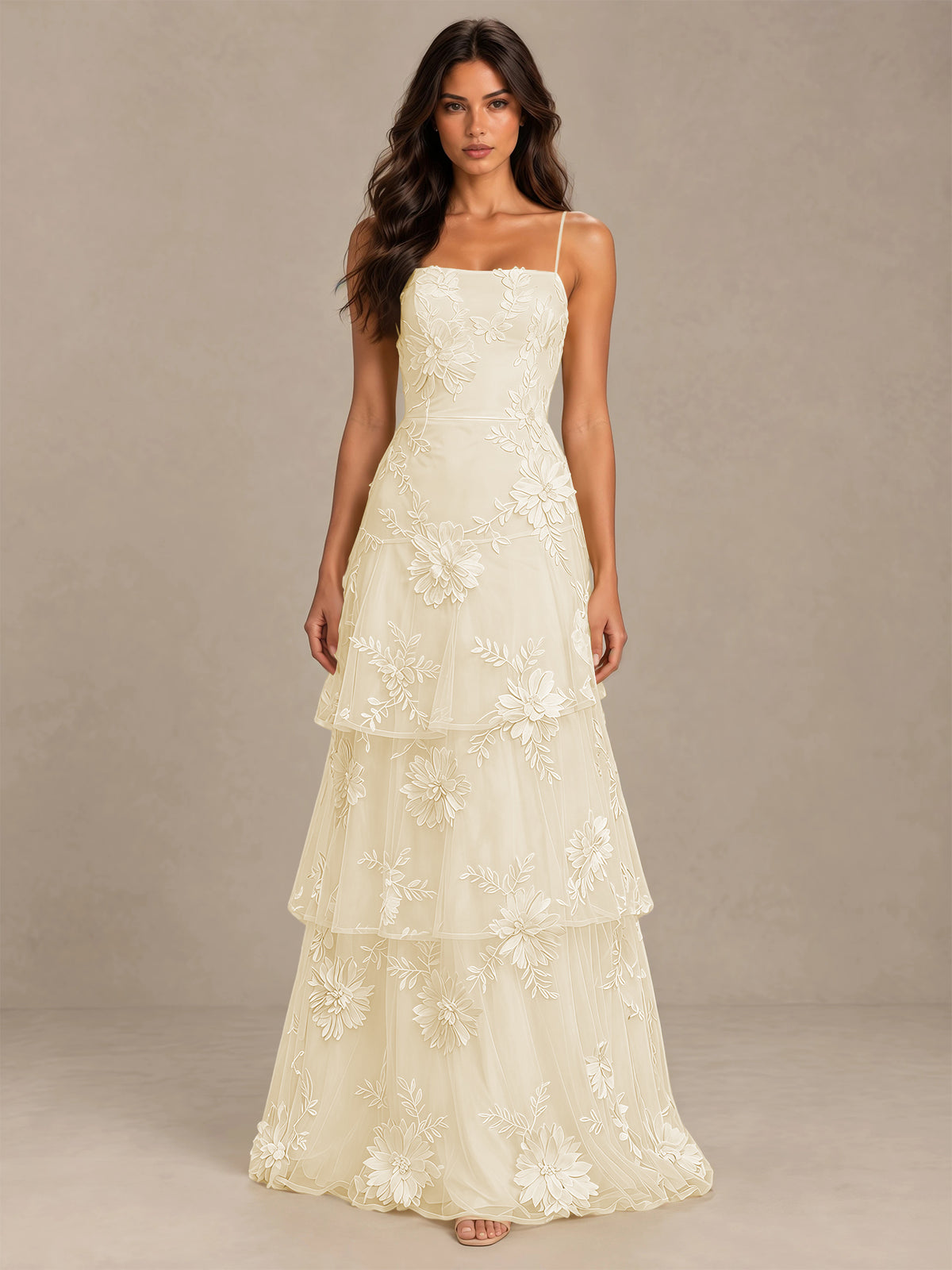 BOLODOO 008 Floral Applique Tiered Prom Dress with Lace-Up Back - 008 - Champagne