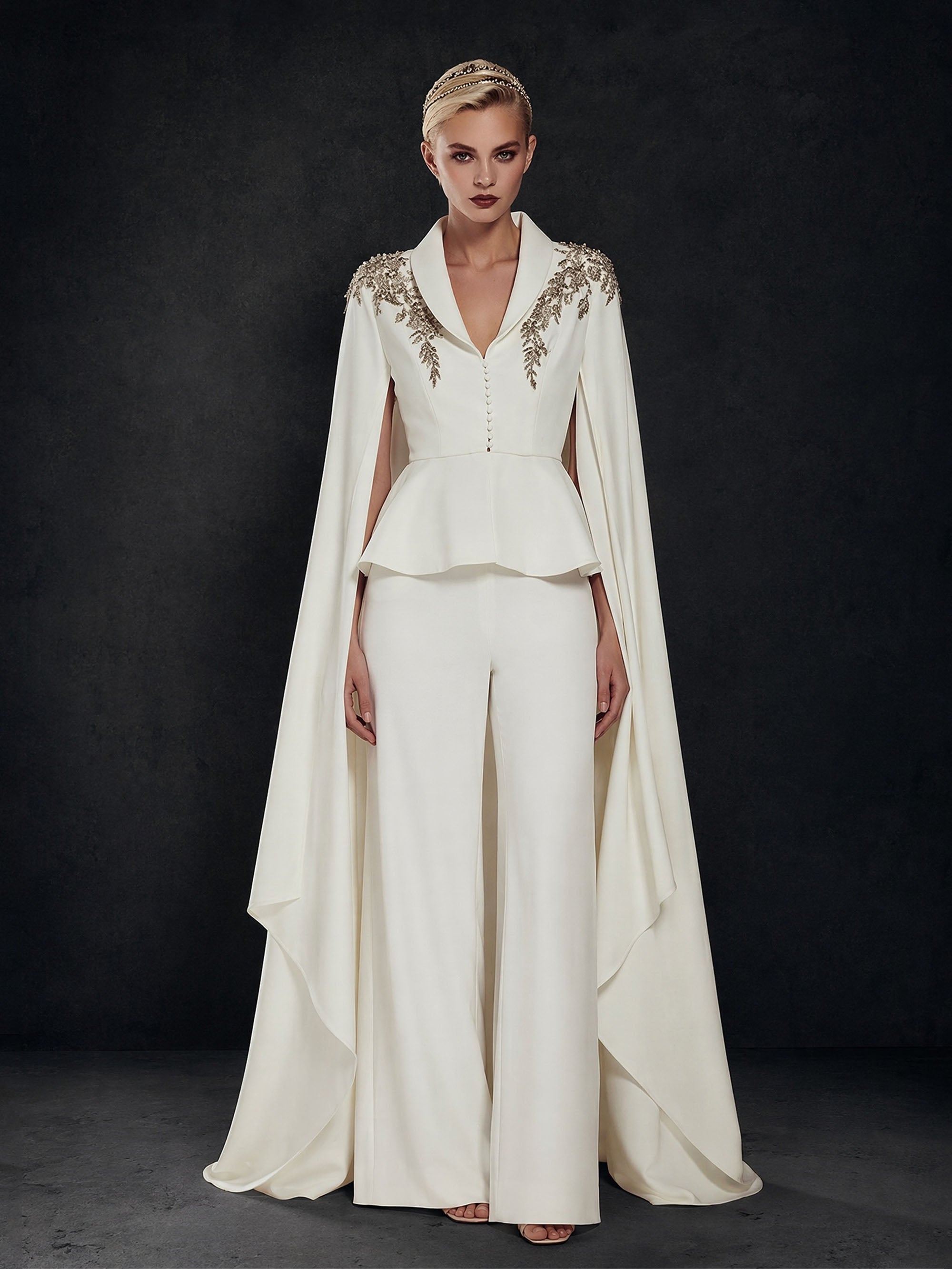 BOLODOO Ivory Gold Leaf Rhinestone Peplum Jumpsuit with Floor-Length Cape - Front Full Length Standing View