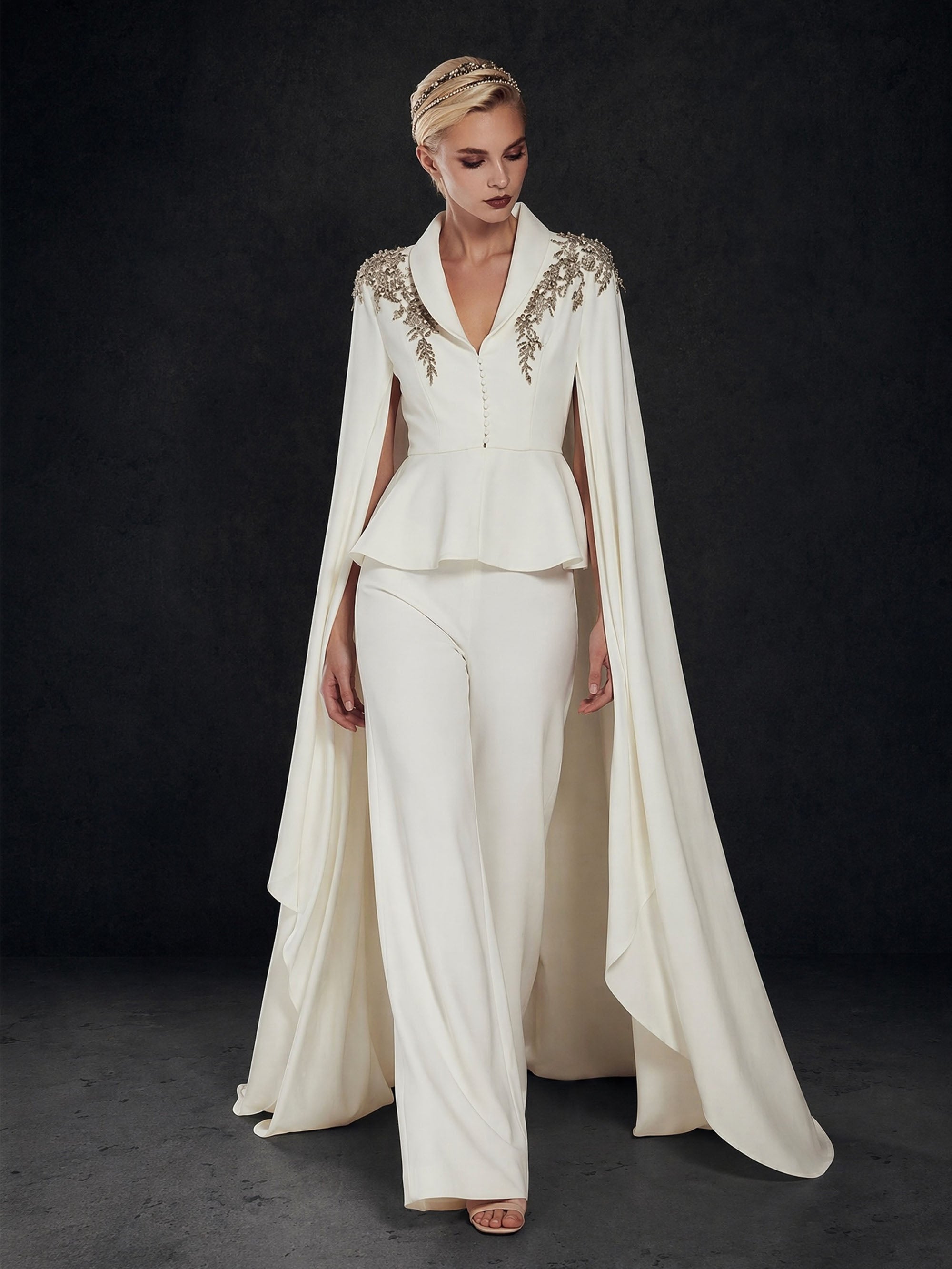 BOLODOO Ivory Gold Leaf Rhinestone Peplum Jumpsuit with Floor-Length Cape - Front Full Length Looking Down View