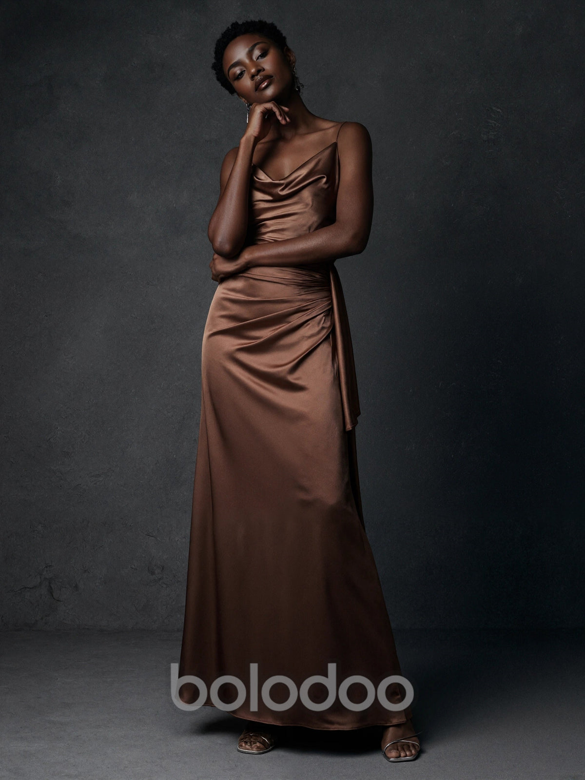 BOLODOO Chocolate Brown Satin Cowl Neck Spaghetti Strap Side-Tie Slit Maxi Dress maxi dress | BOLODOO watermark