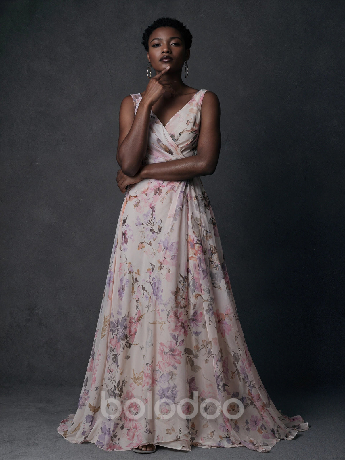 BOLODOO Blush Floral Chiffon V-Neck Wrap Ruched Backless Maxi Dress maxi dress | BOLODOO watermark