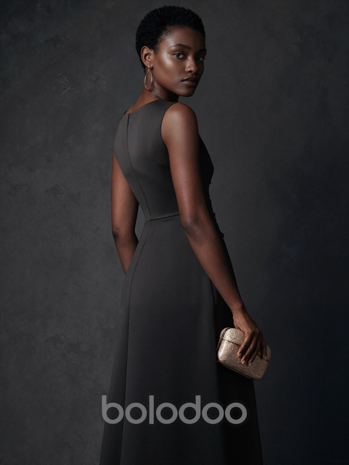 BOLODOO Black Crepe Bateau Neck Ruched A-Line Maxi Dress maxi dress | BOLODOO watermark