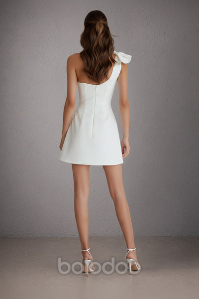 White One-Shoulder Bow Mini Dress - Back View | BOLODOO watermark