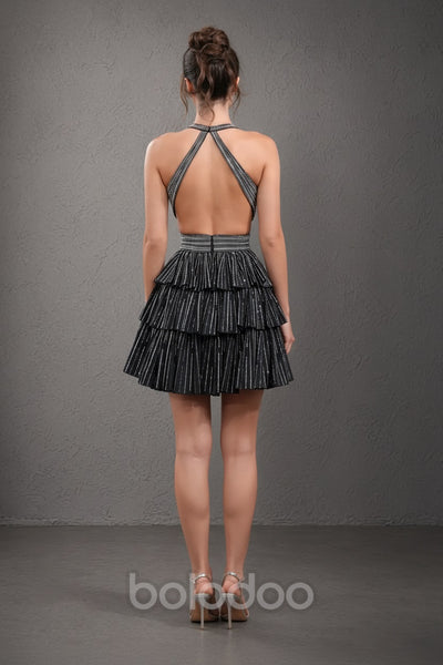 Black Halter Sequin Tiered Ruffle Mini Dress - Back View | BOLODOO watermark