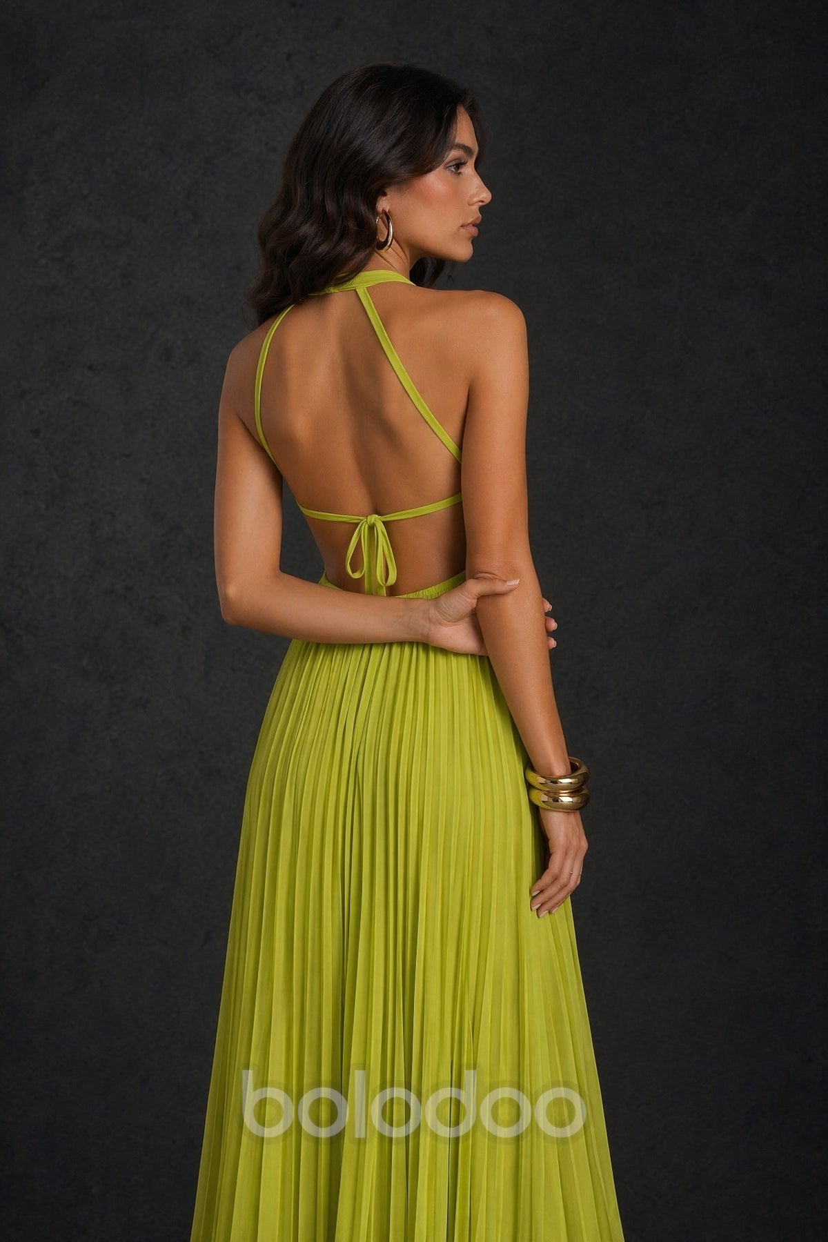 BOLODOO Chartreuse Halter Neck Pleated Chiffon Maxi Dress with Side Slit maxi dress | BOLODOO watermark