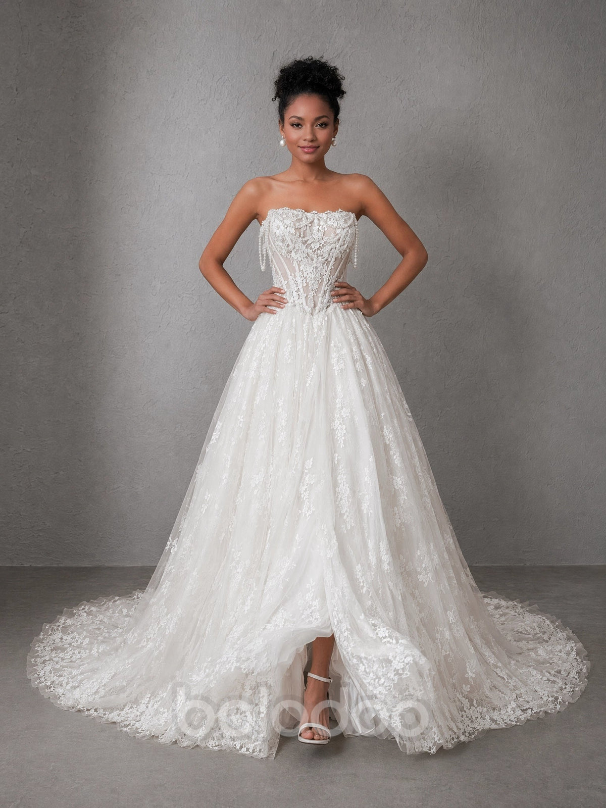 BOLODOO White Strapless Lace Embroidered Pearl Tassel Corset A-Line Wedding Gown with Train evening gown | BOLODOO watermark