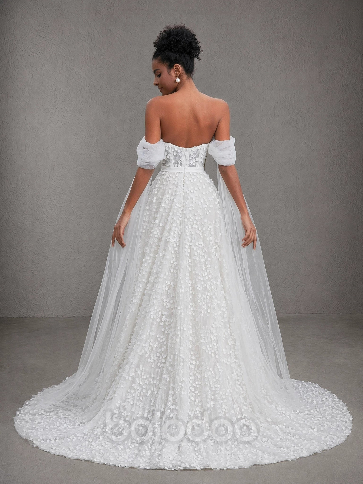BOLODOO White Strapless Sweetheart 3D Petal Lace A-Line Wedding Gown with Detachable Puff Sleeve Cape evening gown | BOLODOO watermark
