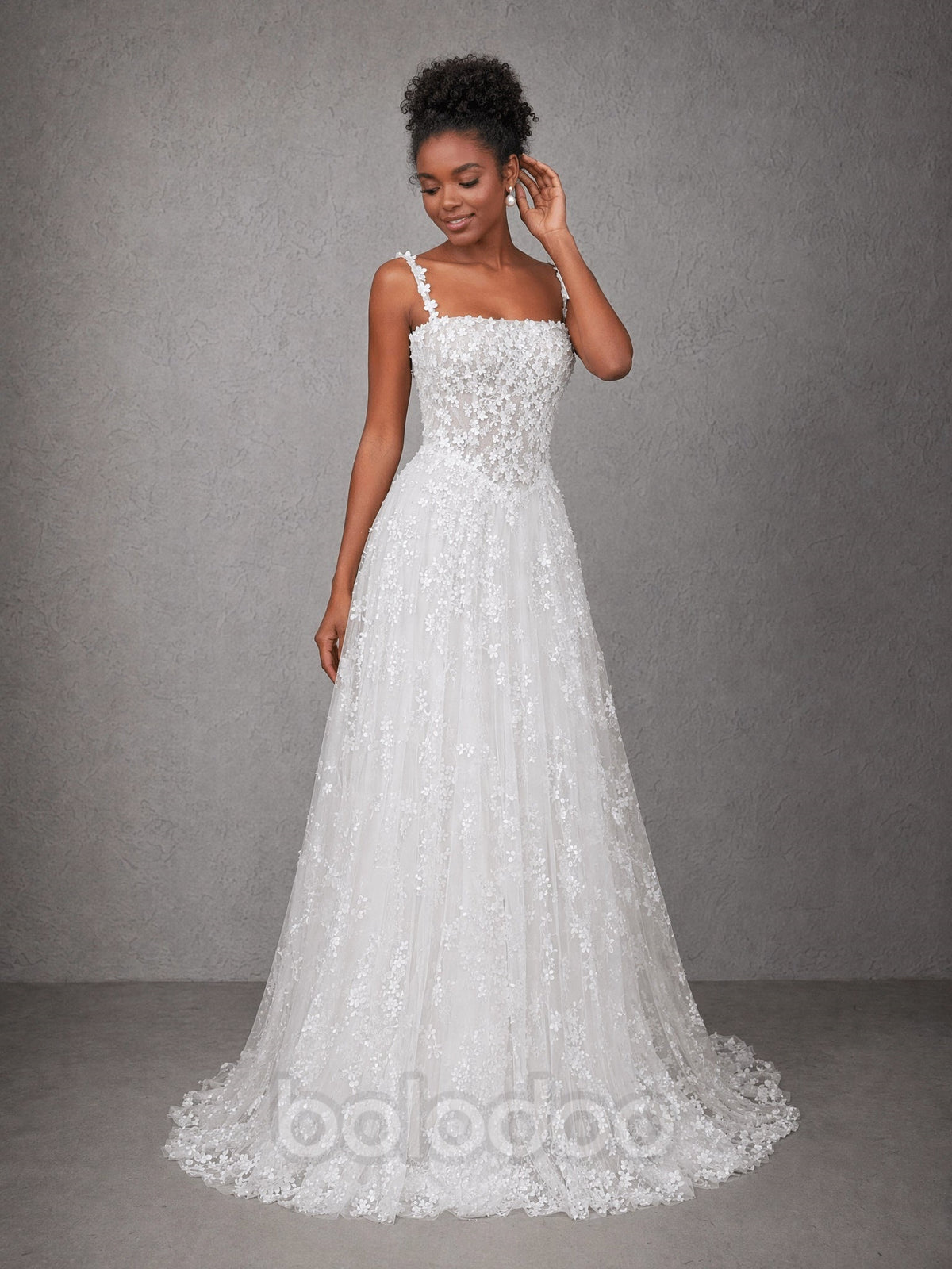 BOLODOO White Square Neck Floral Strap 3D Lace Corset A-Line Wedding Gown with Train evening gown | BOLODOO watermark