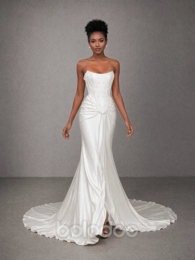 BOLODOO White Strapless Straight Neck Lace Corset Draped Satin Mermaid Wedding Gown with Slit and Train evening gown | BOLODOO watermark