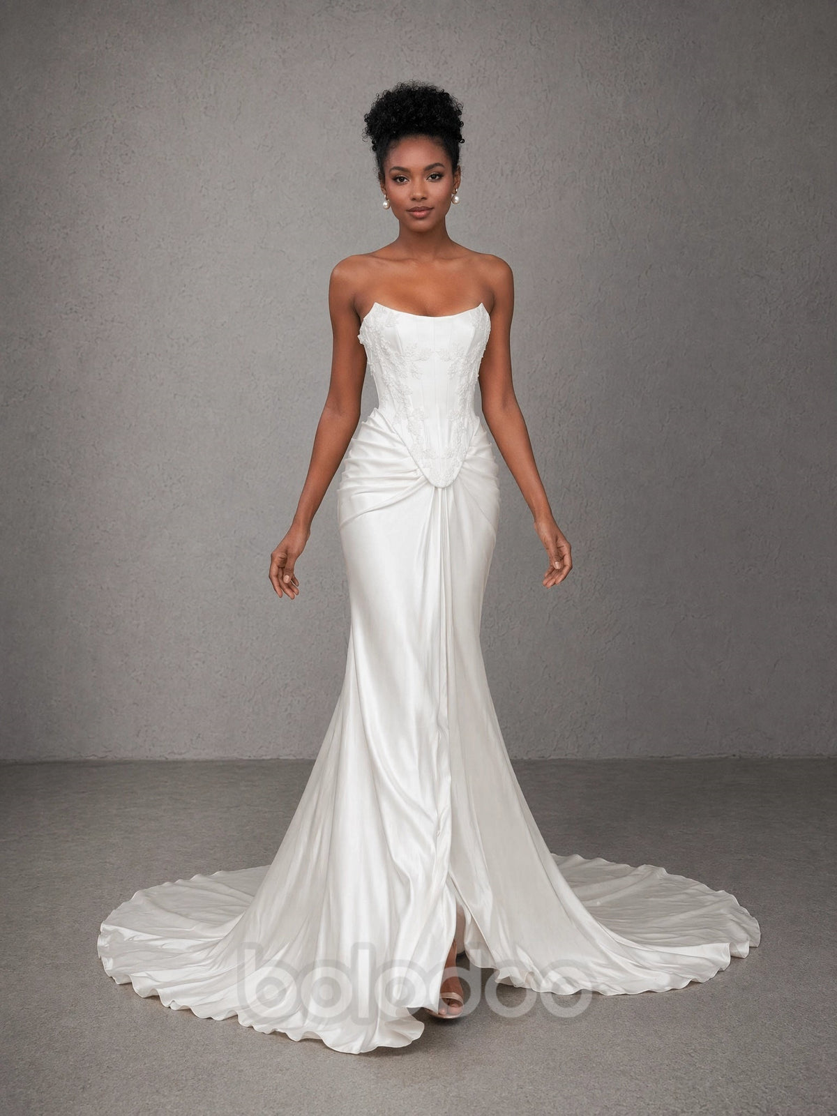 BOLODOO White Strapless Straight Neck Lace Corset Draped Satin Mermaid Wedding Gown with Slit and Train evening gown | BOLODOO watermark