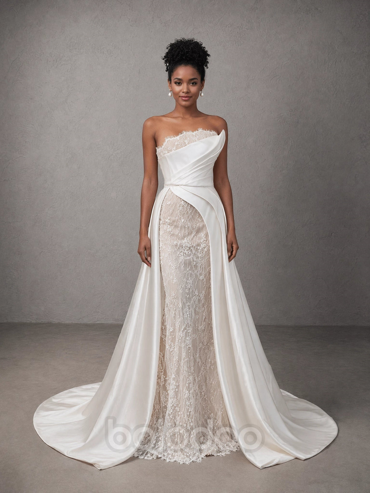BOLODOO White Strapless Lace Trim Draped Satin Corset Lace Mermaid Wedding Gown with Detachable Satin Train evening gown | BOLODOO watermark