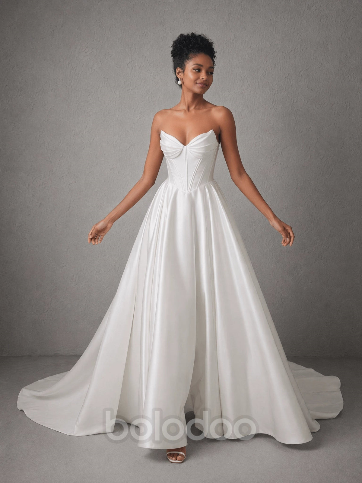 BOLODOO White Strapless Sweetheart Ruched Satin Corset Ballgown Wedding Dress with Train evening gown | BOLODOO watermark