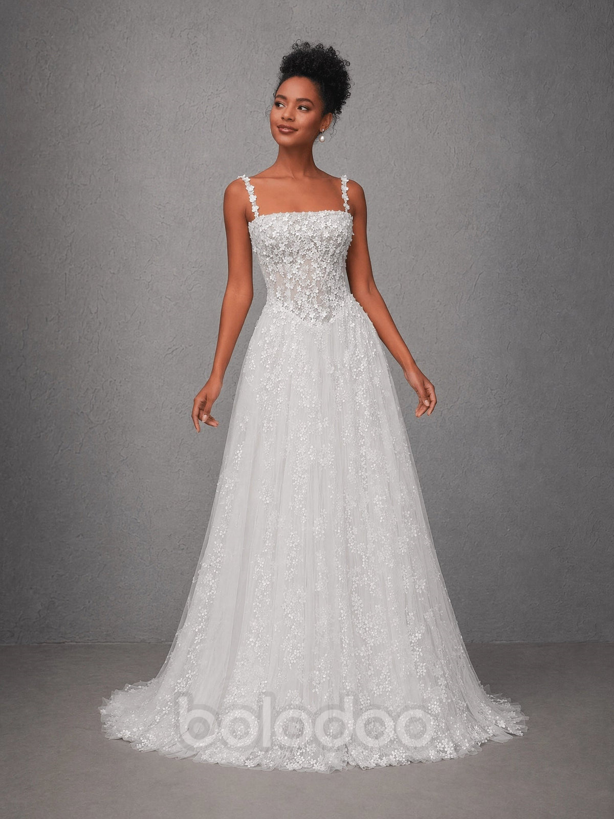 BOLODOO White Square Neck 3D Floral Strap Beaded Lace Corset A-Line Wedding Gown with Glitter Tulle Train evening gown | BOLODOO watermark