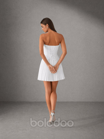 BOLODOO White Strapless Sweetheart Pleated Corset Mini Dress with Lace-Up Back mini dress | BOLODOO watermark