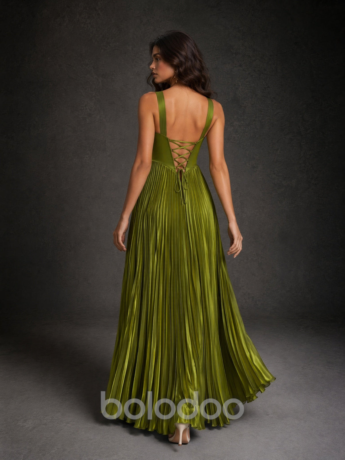 BOLODOO Olive Green Wide Strap Sweetheart Satin Boned Corset Pleated Maxi Dress with Lace-Up Back maxi dress | BOLODOO watermark