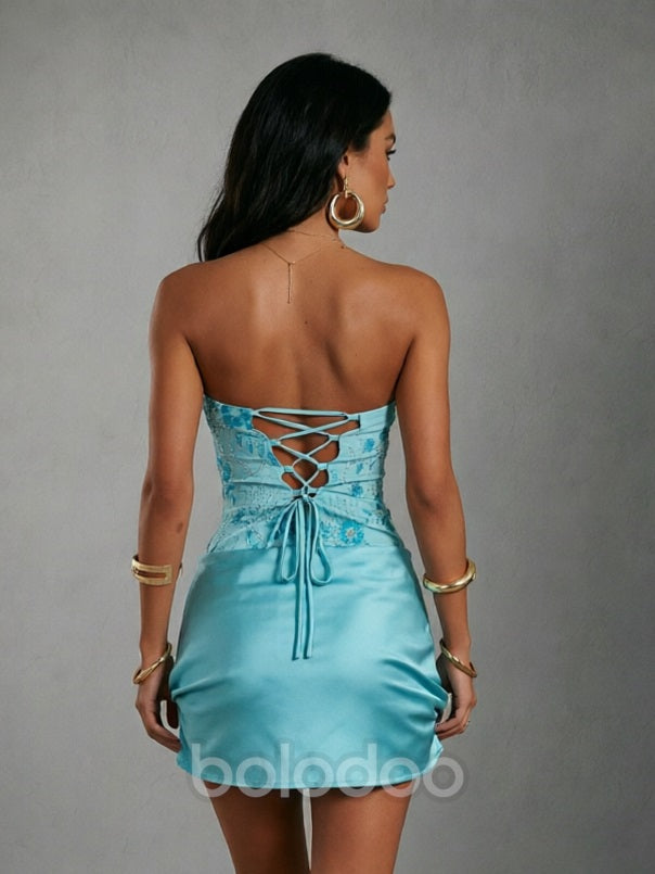 BOLODOO Sky Blue Floral Sequin Corset Strapless Mini Dress with Lace-Up Back mini dress | BOLODOO watermark