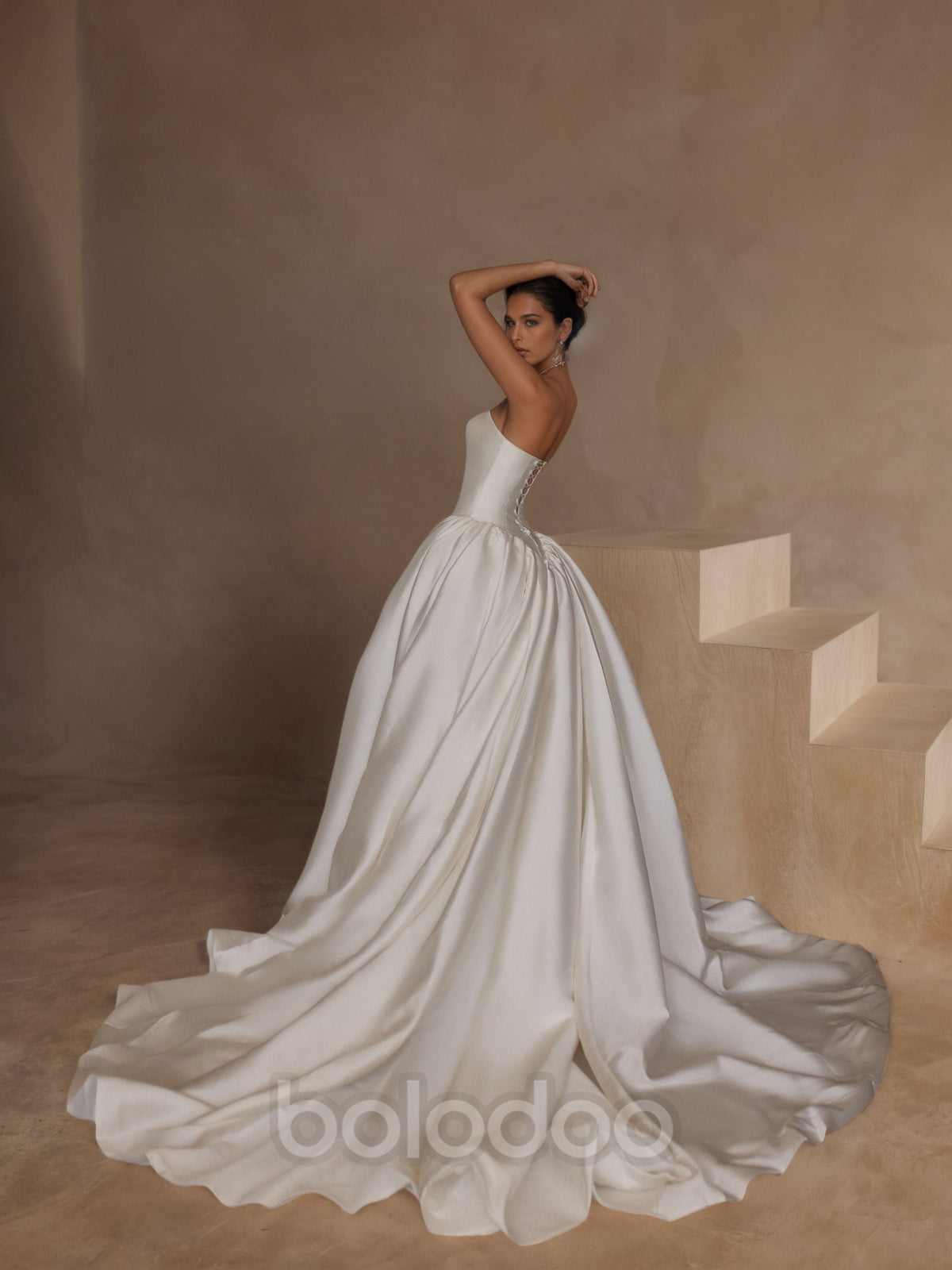 BOLODOO Ivory Strapless Boned Corset Satin Ball Gown Wedding Dress - back view lace-up corset with train | BOLODOO watermark