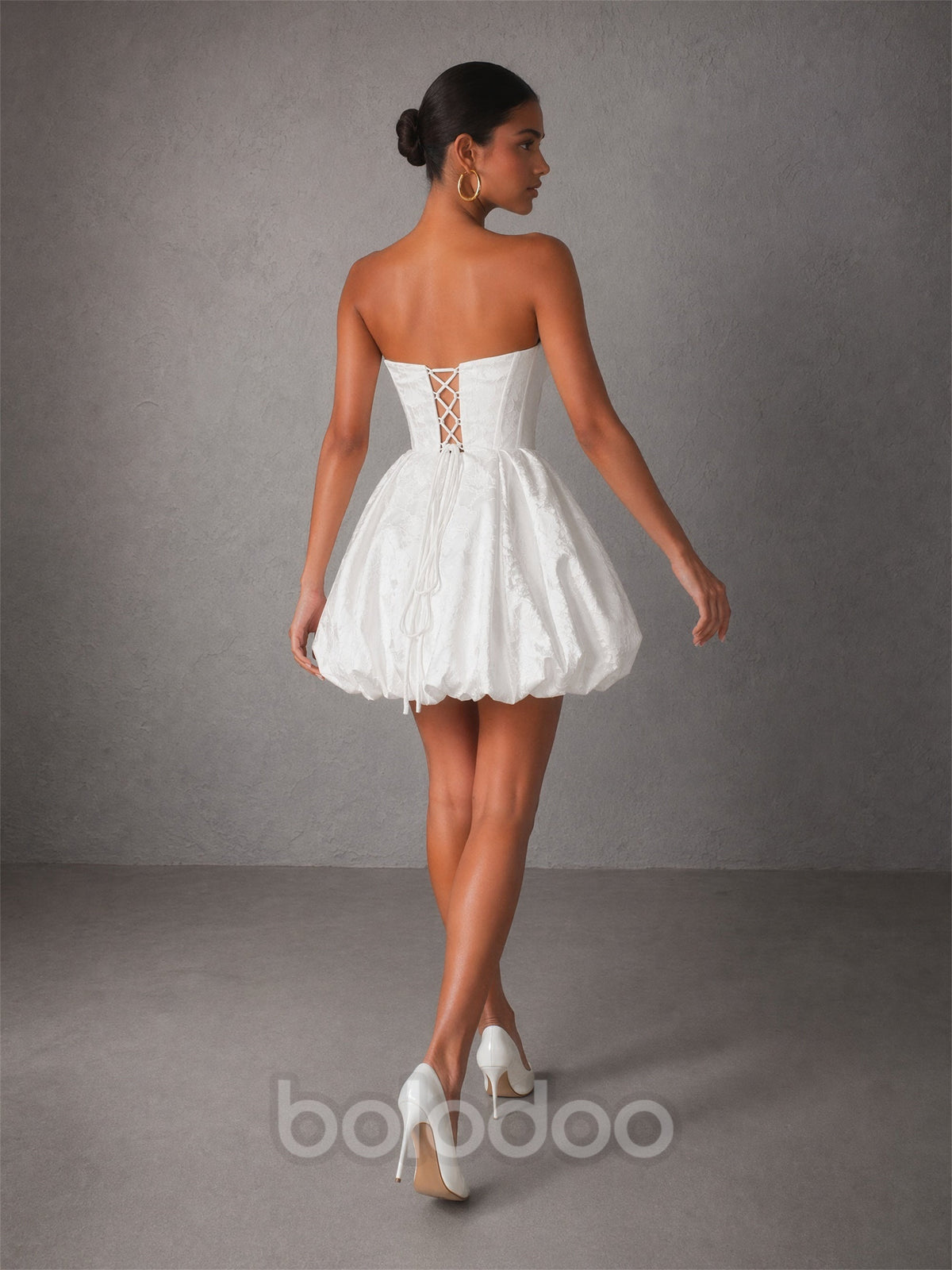 BOLODOO white strapless bubble mini dress - front full body view with white heels | BOLODOO watermark